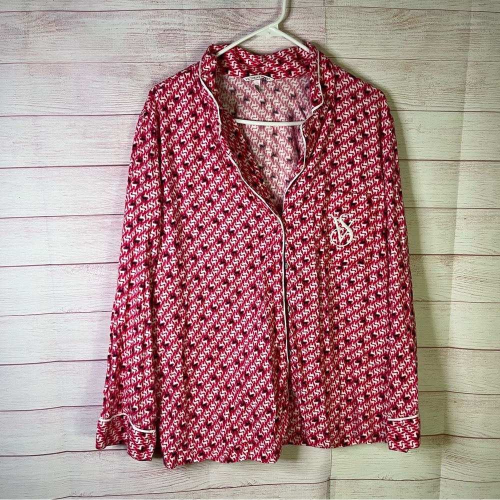 Victoria's Secret Pink‎ White Reindeer Long Sleeve Pajama Top Size Large
